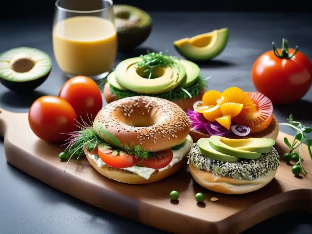 Desayunos veganos gourmet con bagels: Variedad de bagels veganos gourmet con ingredientes frescos y coloridos sobre tabla de madera moderna