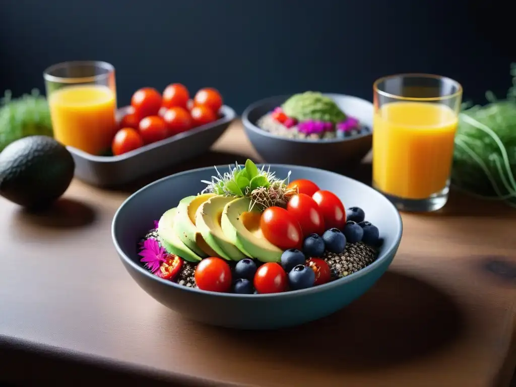 Desayunos veganos primaverales deliciosos: mesa llena de color y frescura con chía, aguacate, açaí y naranja