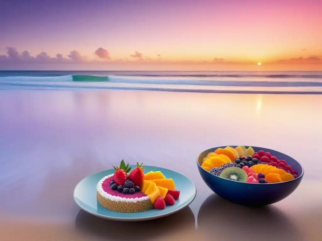 Desayunos veganos oceánicos saludables en la playa al amanecer con delfines saltando y frutas tropicales