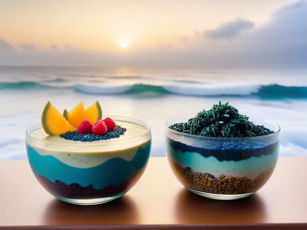 Desayunos veganos oceánicos saludables: acai bowls, chía y yogurt con vista al mar al amanecer