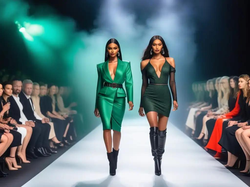 Desfile de moda vegana internacional con modelos diversos y elegantes en pasarela futurista