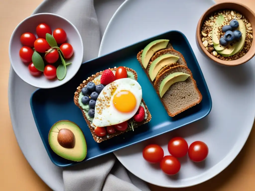 Un deslumbrante desayuno vegano energético sin huevos en una mesa moderna y colorida