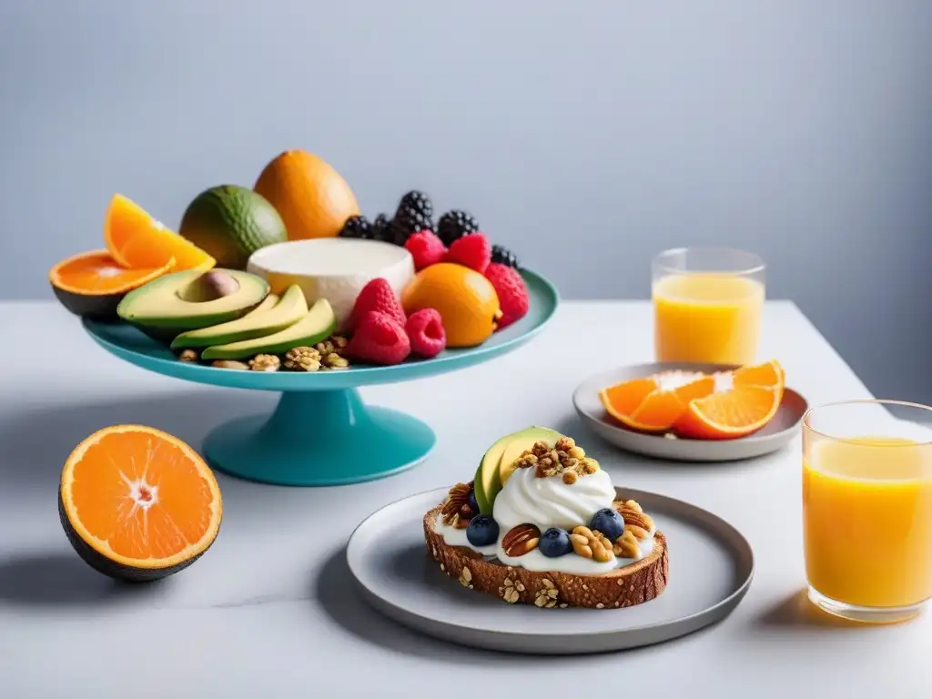 Un deslumbrante desayuno vegano con ideas innovadoras, lleno de frutas coloridas, nueces, semillas, granola y más