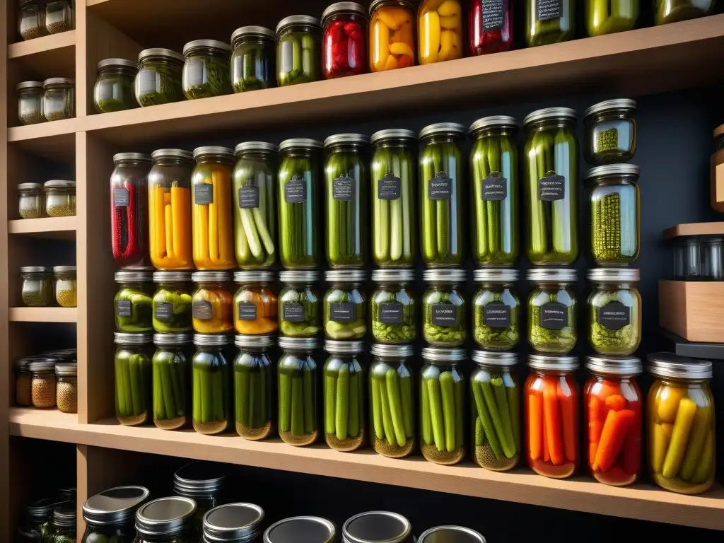 Un despensa moderna llena de tarros de pickles veganos caseros ácidos, organizados y etiquetados con estilo minimalista