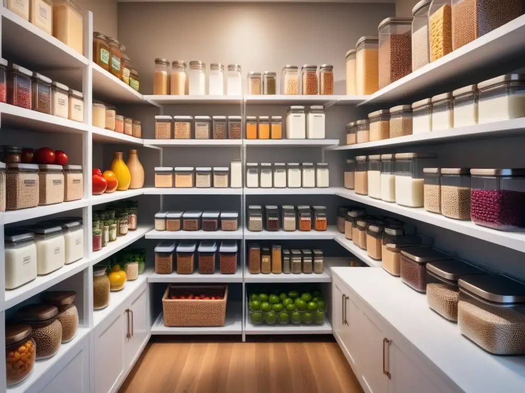 Pantry vegano y sostenible: ingredientes frescos y eco-friendly Una despensa moderna y vibrante llena de sustitutos veganos organizados, destacando la vida sostenible