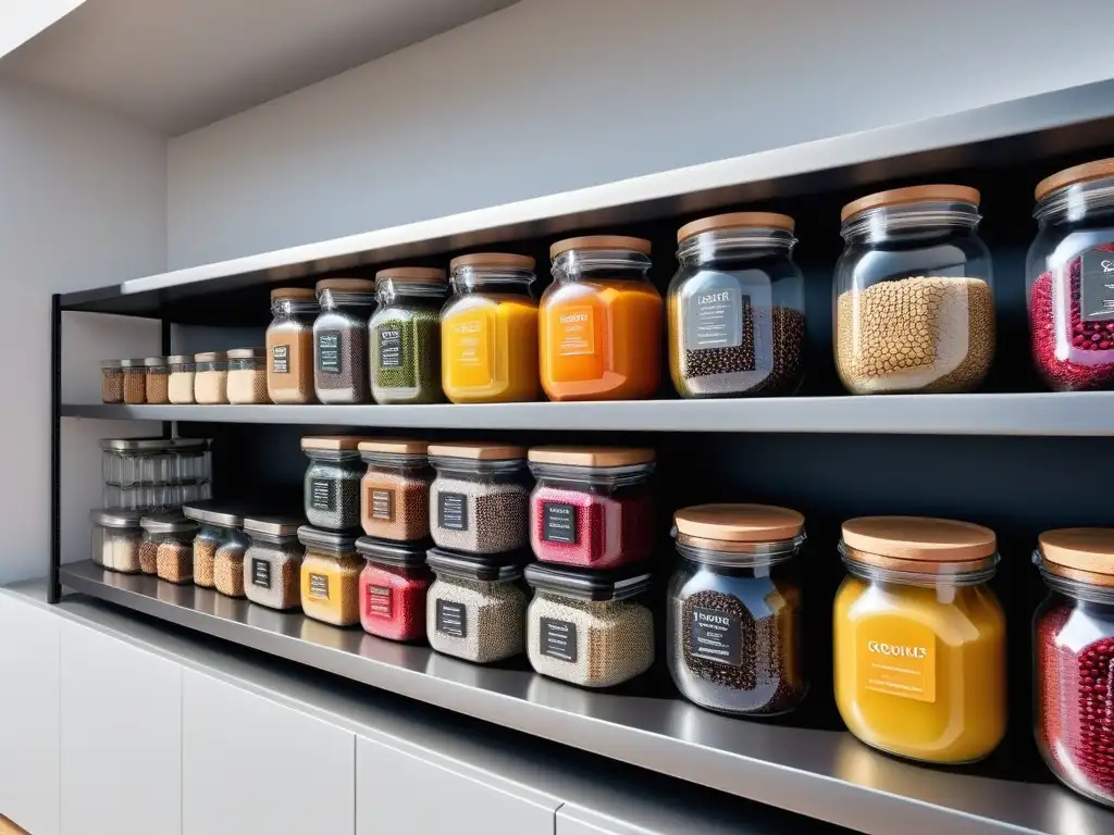 Despensa vegana: organización y color en tarros ecofriendly Despensa organizada con sustitutos veganos en envases ecofriendly y coloridos - quinoa, lentejas, chía, nueces y frutas secas