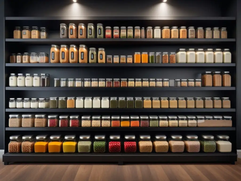 Despensa vegana y sostenible: colorida y organizada Una despensa organizada con sustitutos veganos en modernos envases sostenibles, llenos de color y variedad