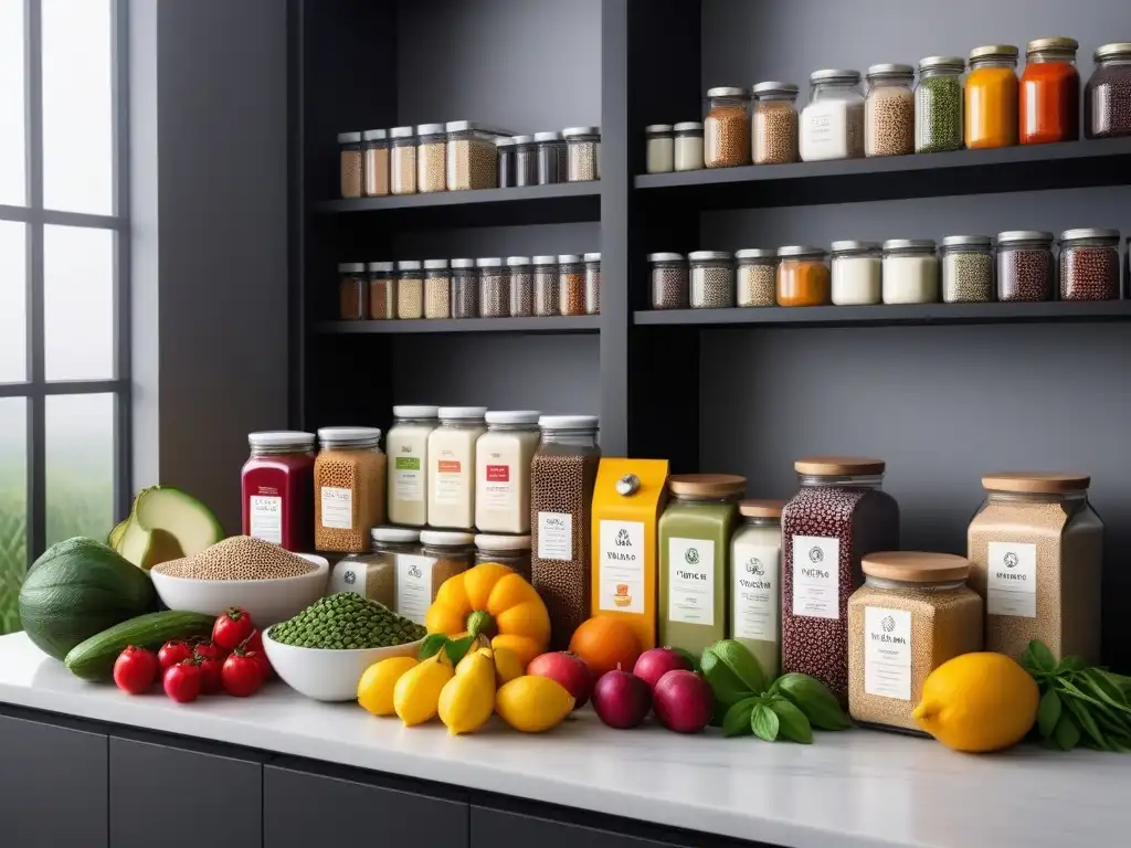 Pantry vegano: colores, salud y sostenibilidad Una despensa vibrante y moderna llena de sustitutos veganos coloridos y organizados, destacando opciones ecoamigables y saludables