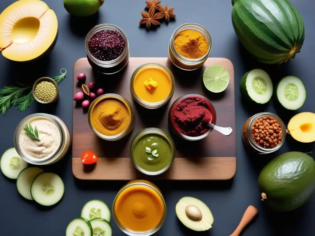 Un despliegue vibrante de chutneys veganos en tarros rodeados de frutas y verduras frescas