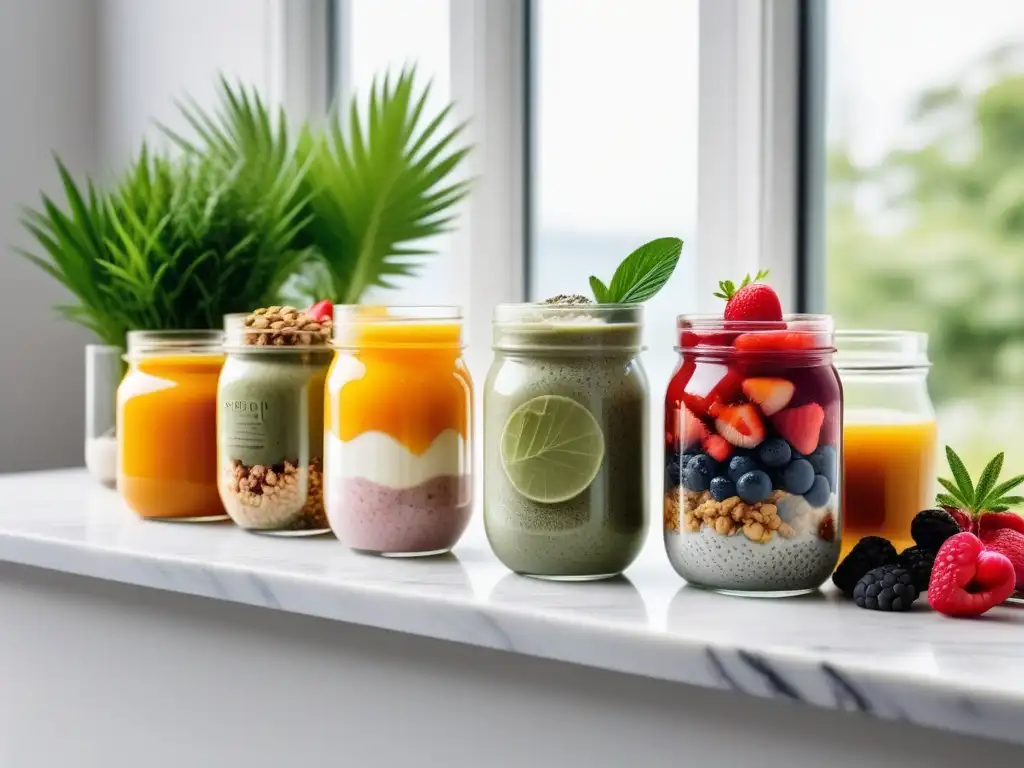 Un despliegue vibrante de desayunos fermentados veganos probióticos en elegante mostrador de mármol, con luz natural y plantas frescas