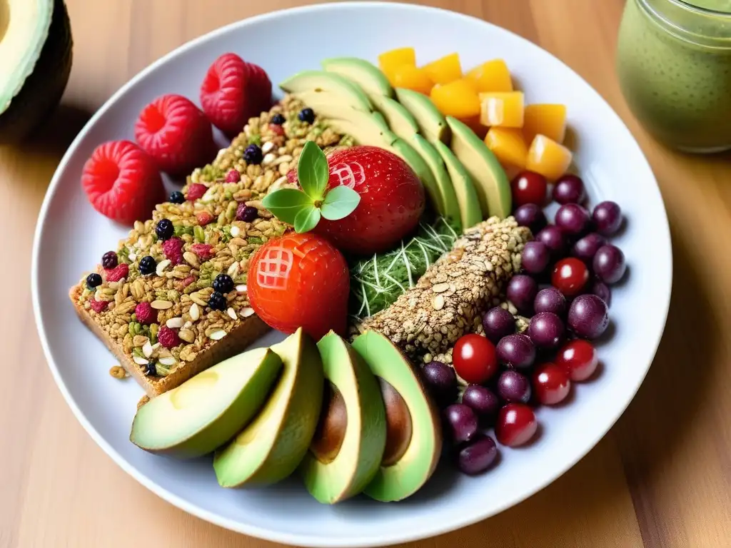 Un despliegue vibrante y moderno de desayunos veganos divertidos y saludables para niños, con frutas frescas, chía pudding con bayas, tostadas de aguacate y smoothie bowls, todo en un plato blanco sobre una mesa de madera clara