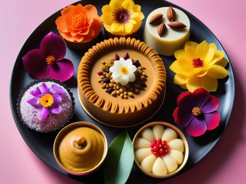 Un despliegue visual de postres veganos indios saludables, exquisitamente decorados y coloridos en una bandeja moderna