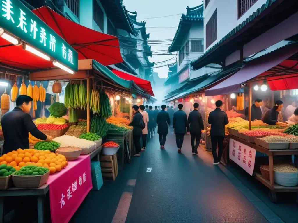 Explora destinos veganos aventureros mundo en un mercado nocturno vibrante de Taipei, Taiwán, con puestos coloridos y exótica comida callejera vegana