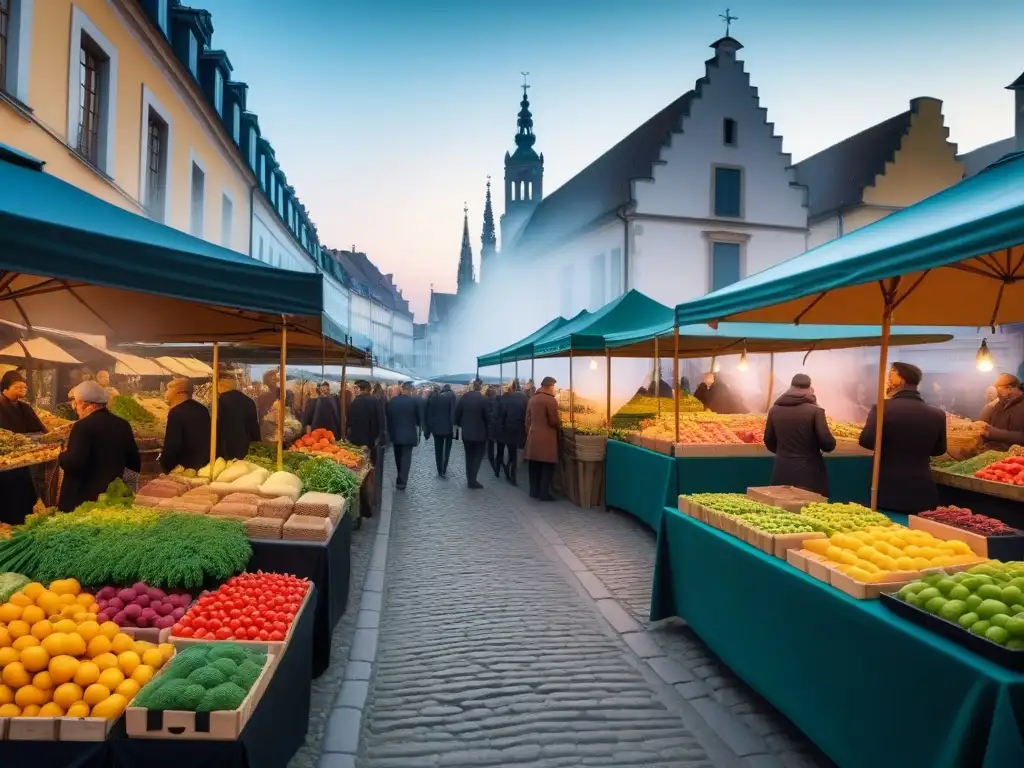 Explorando destinos veganos con historia cultural en un bullicioso mercado vegano al aire libre en Europa