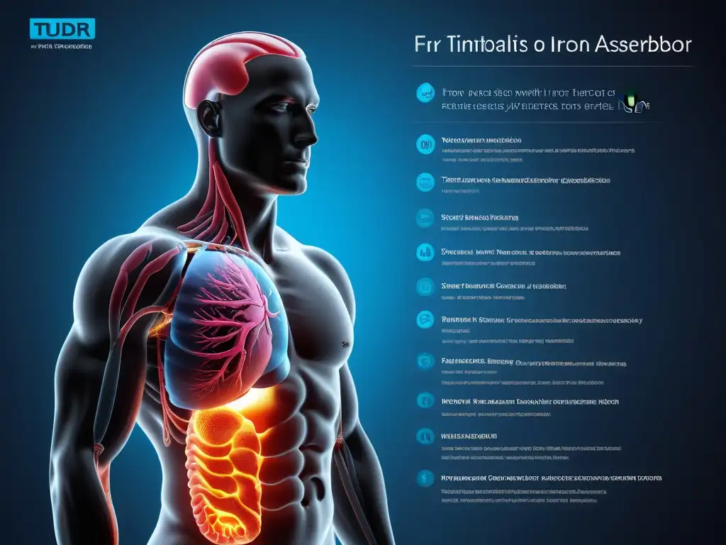 Ilustración detallada de la absorción de hierro en el cuerpo humano desde una dieta vegana