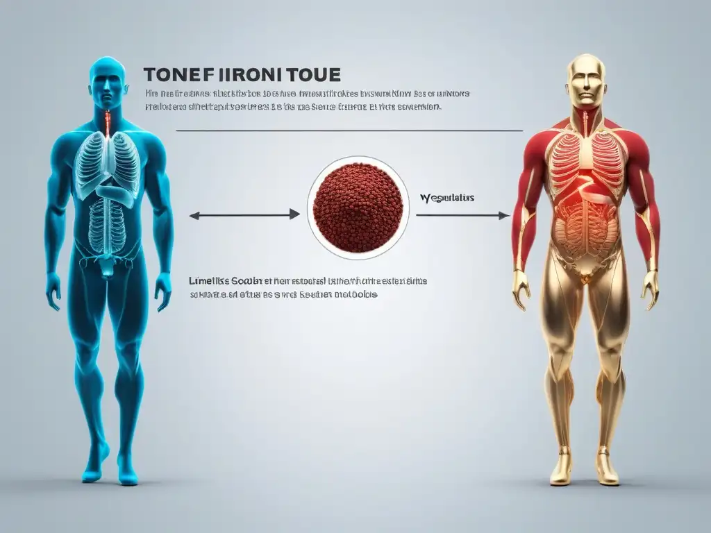 Ilustración detallada de la absorción de hierro en veganos, destacando fuentes veganas como lentejas, tofu y verduras de hoja verde oscuro
