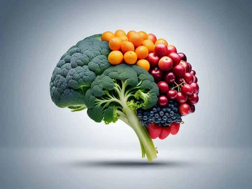 Ilustración detallada del cerebro humano con frutas y verduras vibrantes, simbolizando la conexión entre dieta vegana y salud cerebral