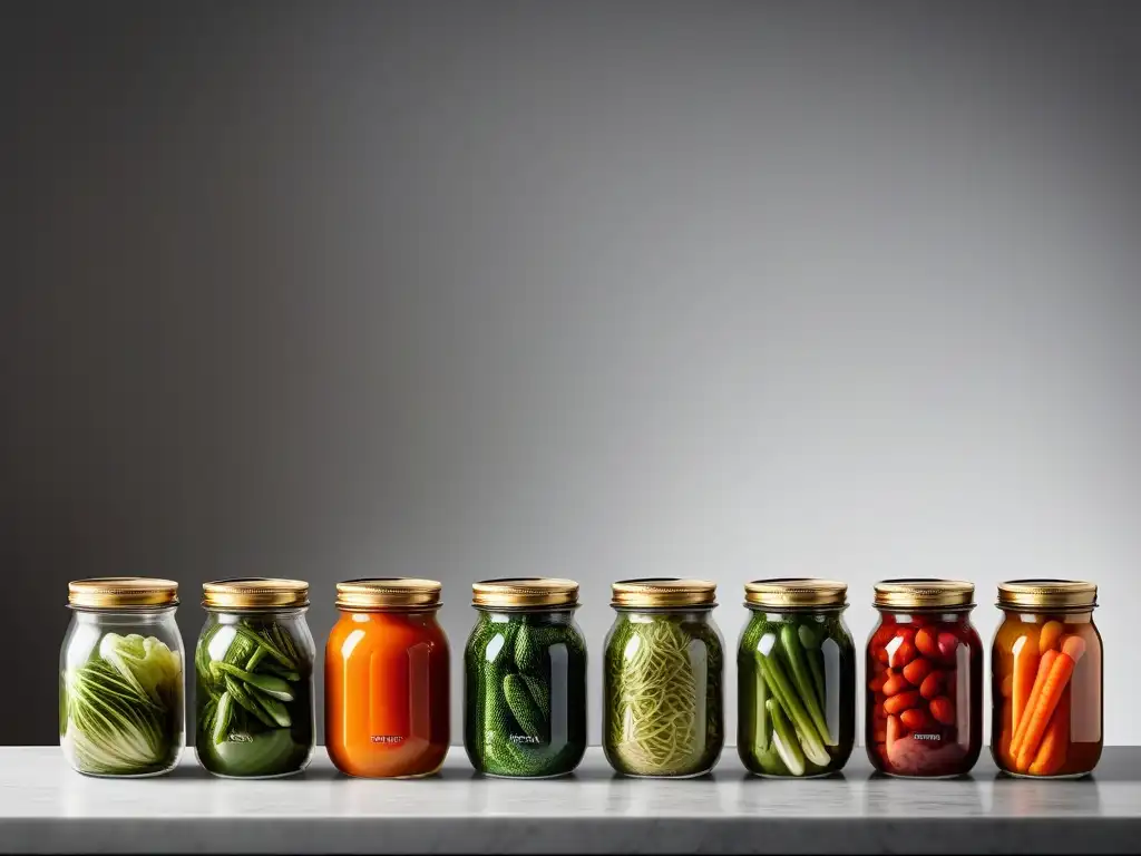 Detallada cocina moderna con tarros de fermentación de alimentos veganos coloridos y utensilios de cocina contemporáneos