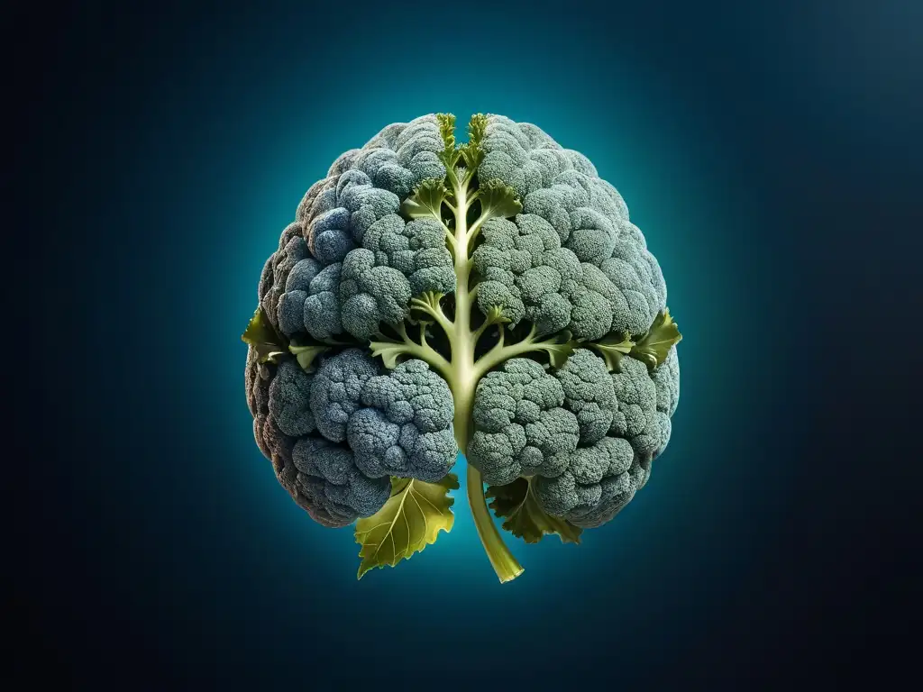 Detallada imagen de un cerebro futurista de alimentos veganos, como kale, arándanos y nueces, irradiando vitalidad