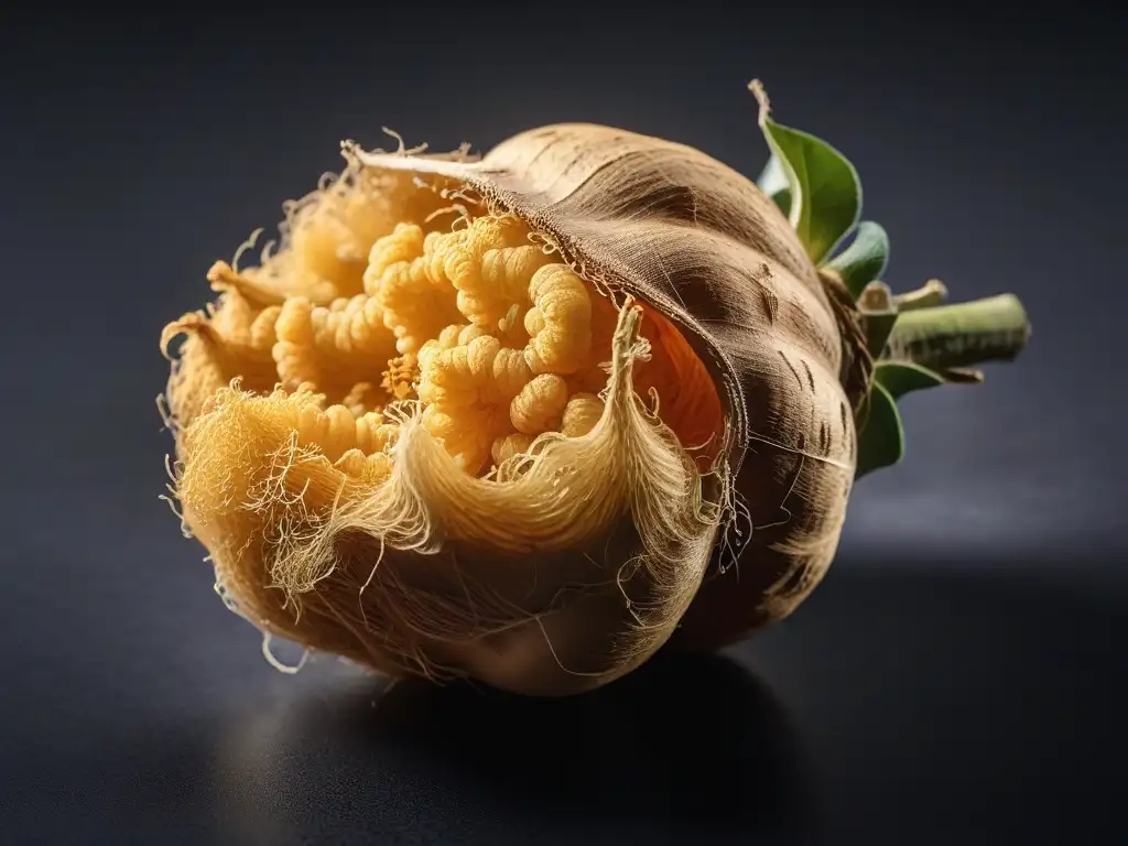 Detallada imagen de una raíz de maca recién cosechada, mostrando su forma única y color terroso