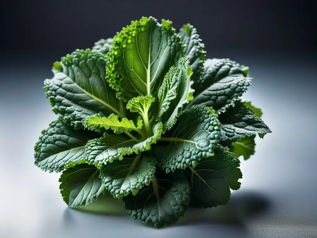 Detallada imagen de hojas frescas de kale, verde vibrante con gotas de agua brillantes