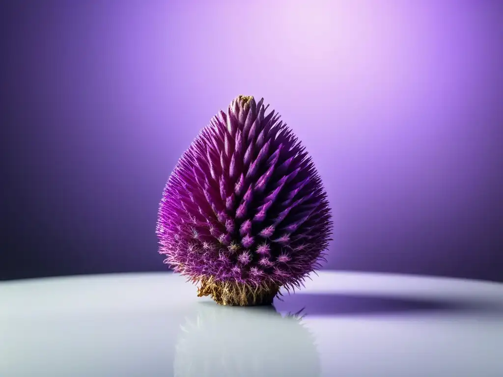 Detallada imagen de una raíz de maca morada, resaltando su textura e patrones naturales, en un fondo moderno con iluminación suave