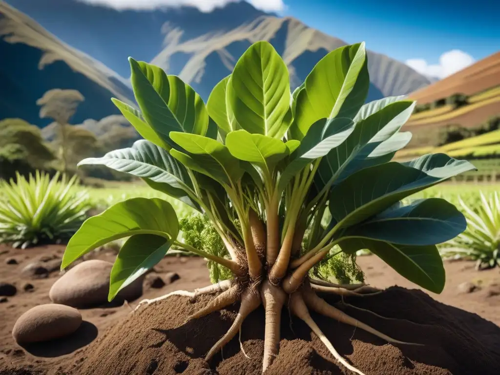 Detallada imagen de un paisaje vibrante de los Andes peruanos, resaltando la majestuosa planta de maca