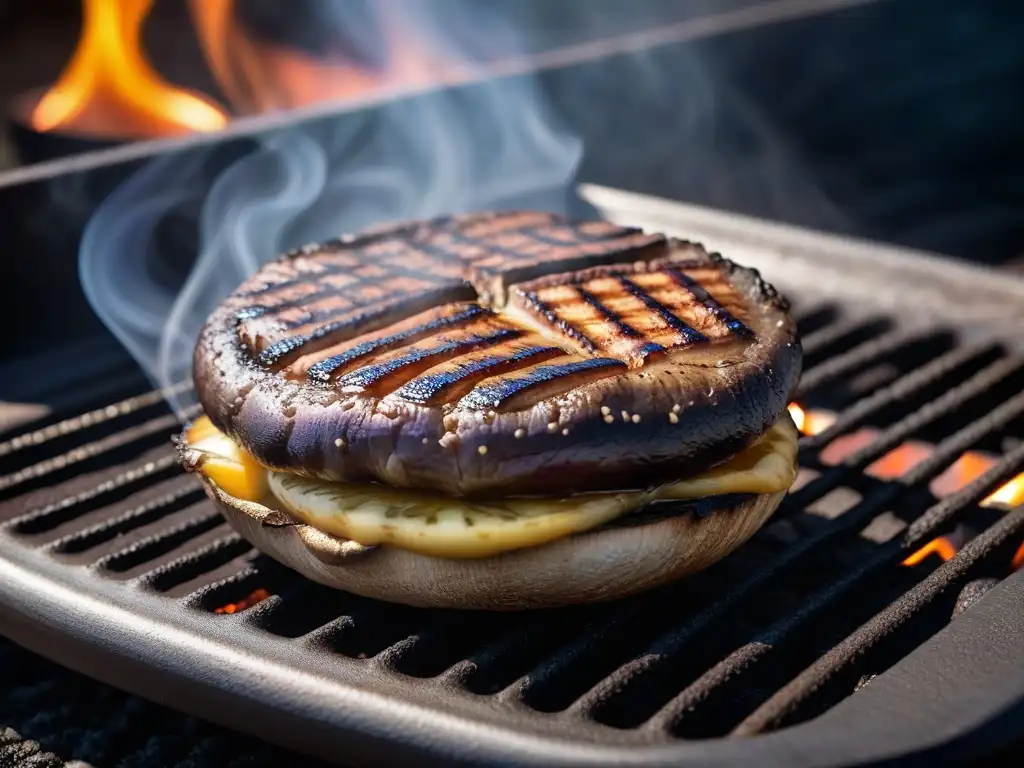 Detallada imagen de un portobello a la parrilla con textura perfecta y marcas de grill, ideal para proteínas vegetales