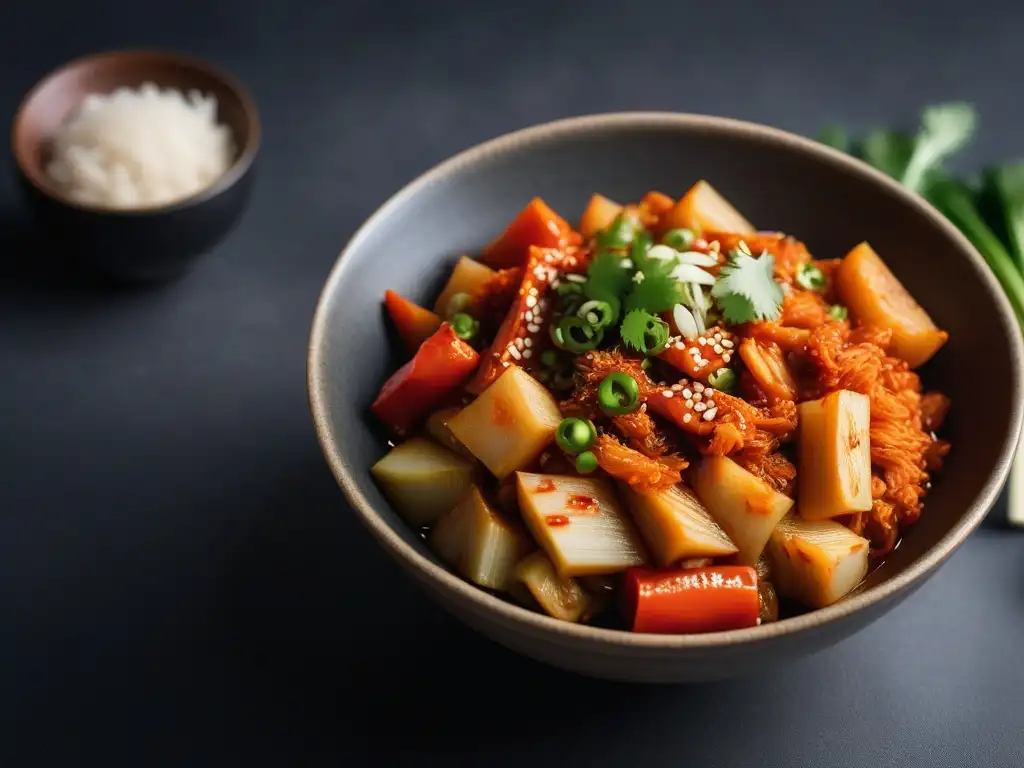 Detallada imagen de un tazón colorido de kimchi vegano saludable, resaltando la frescura de los ingredientes y la tradición culinaria