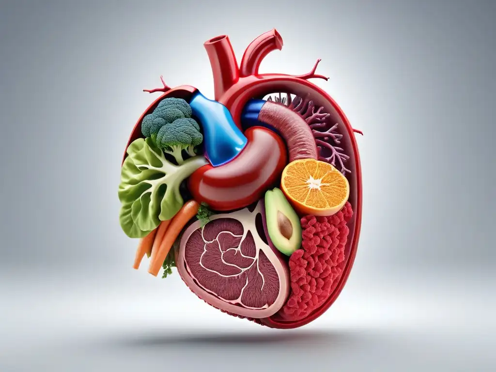 Ilustración detallada de un sistema digestivo humano en dieta vegana, resaltando la salud digestiva