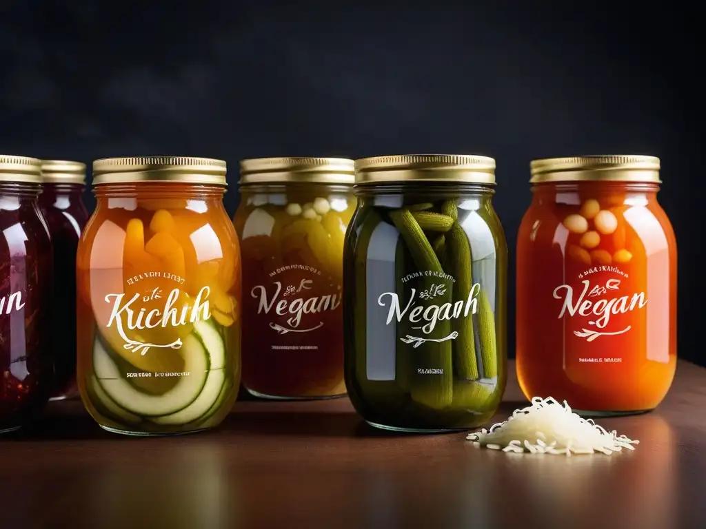 Jars fermentados veganos: colores, texturas y sabores Fotografía detallada de tarros burbujeantes con fermentados veganos, etiquetados con caligrafía elegante
