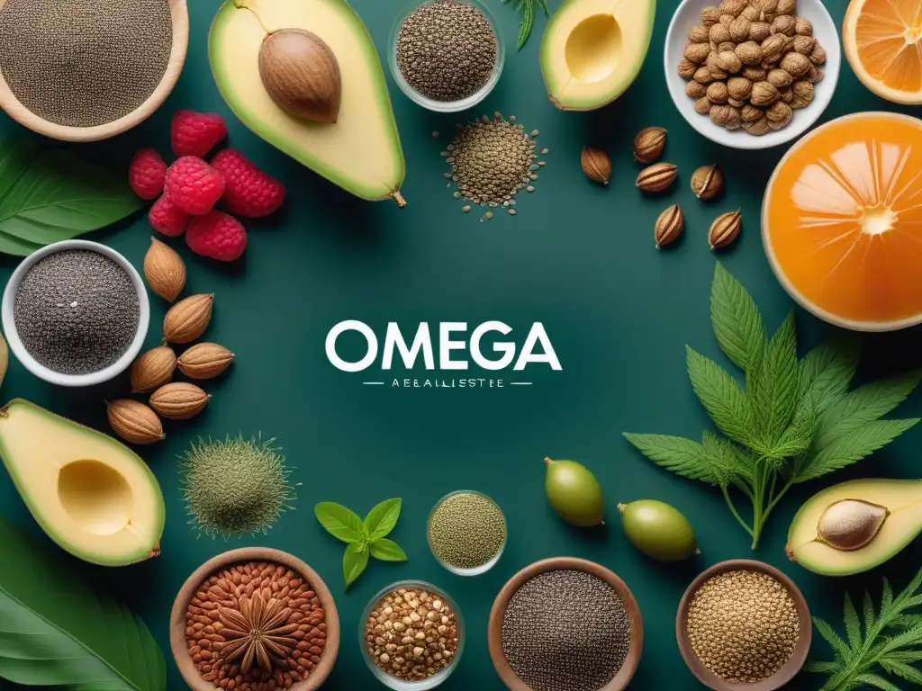 Ilustración detallada y vibrante de fuentes veganas de omega 3 como chía, linaza, nueces, semillas de cáñamo y algas