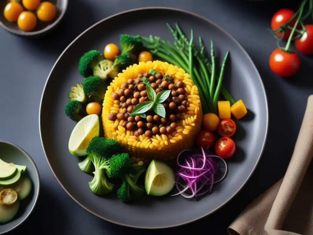 Detallada preparación de un vibrante plato vegano en cocina moderna