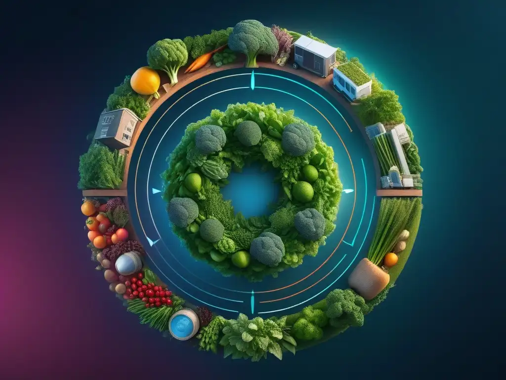 Detallada ilustración vibrante de sostenibilidad global, economía circular y veganismo en armonía