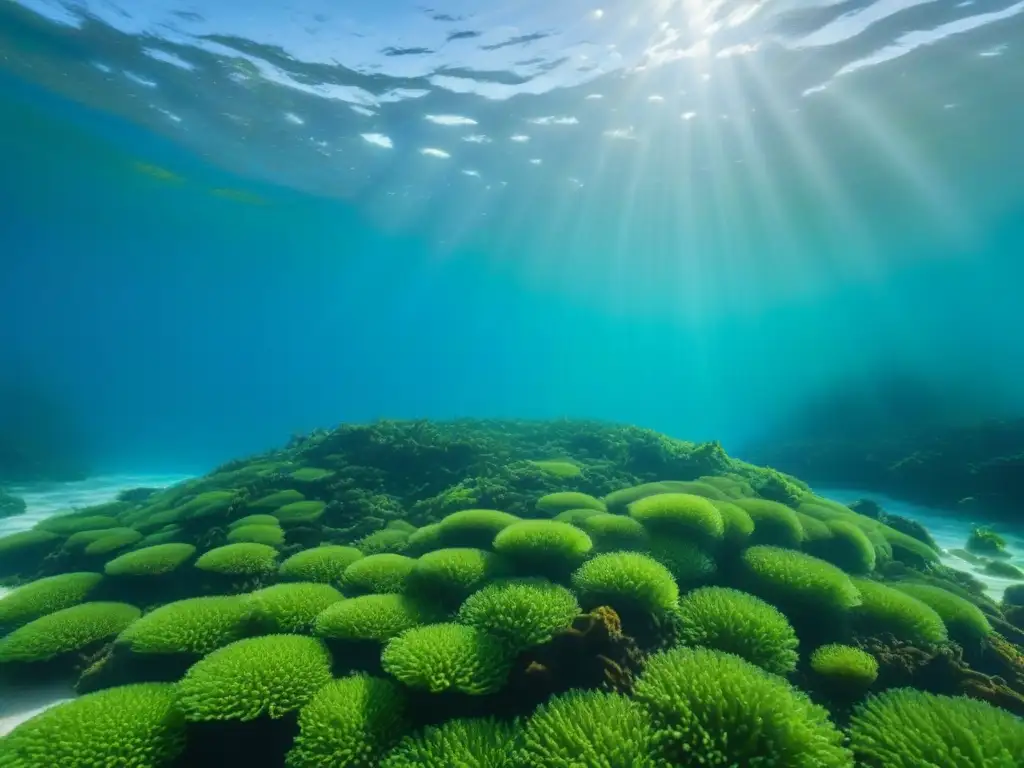 Algas marinas verdes: belleza bajo el agua Un detallado cultivo de algas verdes bajo el agua, resaltando la belleza natural y los beneficios de las algas para veganos