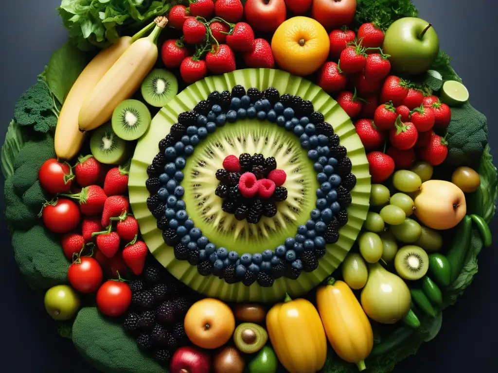 Mandala detallado de frutas y verduras, resaltando la diversidad y frescura de alimentos veganos, beneficios antinutrientes alimentación vegana