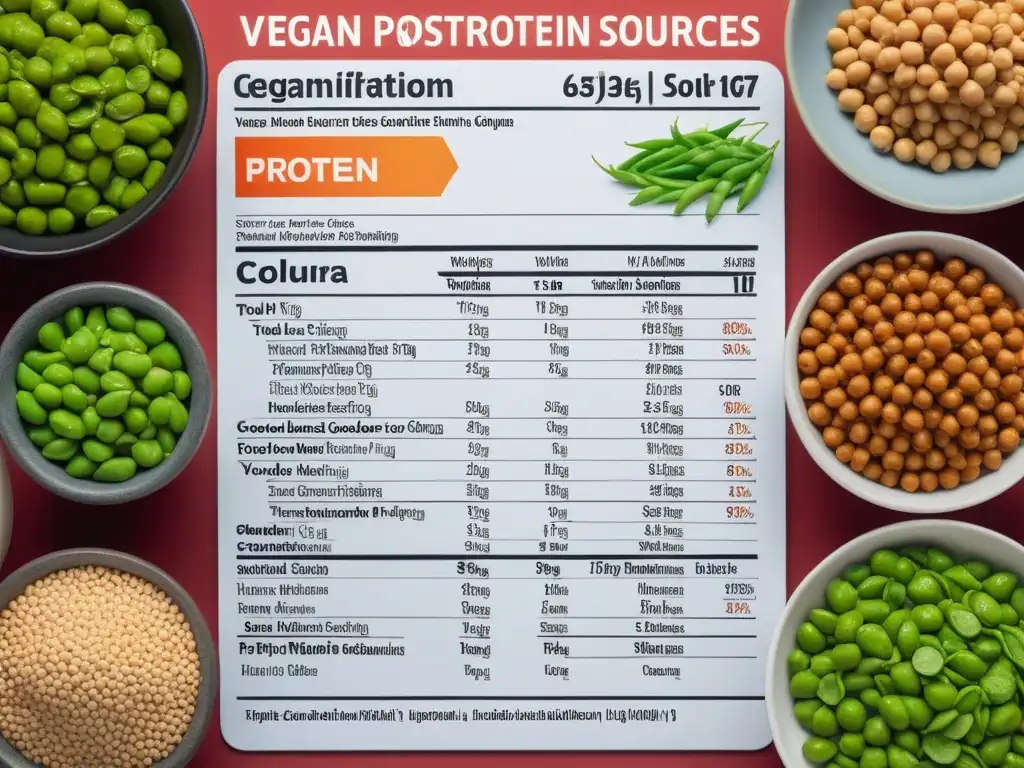 Un detallado gráfico de comparación de fuentes de proteína vegana completa, con ilustraciones vibrantes de tofu, lentejas, garbanzos, quinoa y edamame