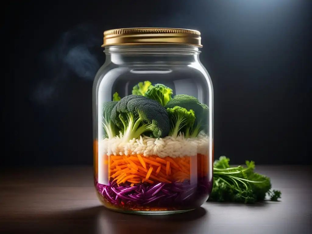 Detalle asombroso de frascos de vidrio llenos de vegetales fermentados en capas, resaltando la fermentación en proyectos veganos a largo plazo