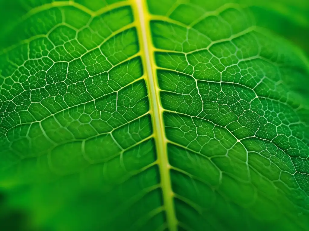 Detalle asombroso de una planta verde vibrante bajo microscopio, resaltando la importancia del selenio en veganos