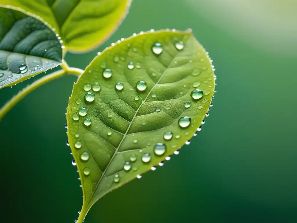 Un detalle cautivador de una hoja de soja cubierta de gotas de agua, mostrando sus venas y tonos verdes vibrantes