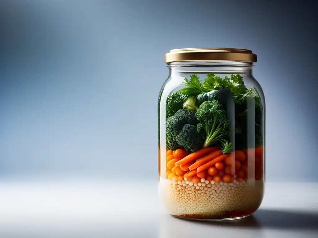 Detalle colorido de fermentación en cocina vegana asiática con burbujeante tarro de vegetales en proceso