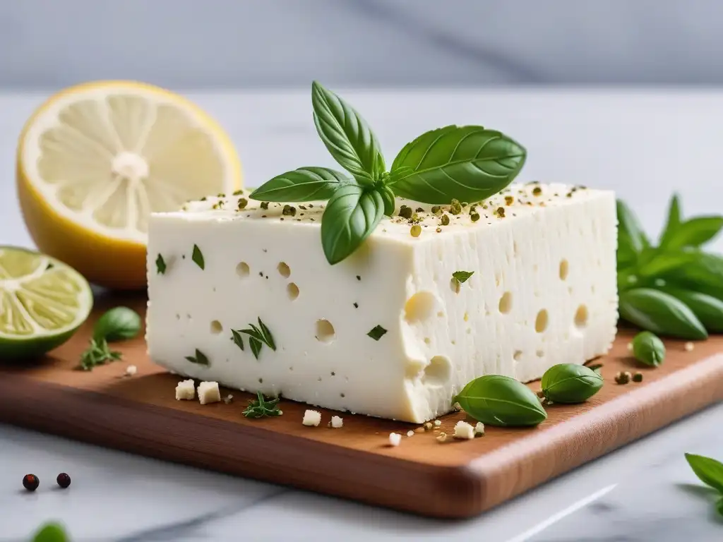 Detalle del crujiente queso feta vegano de tofu con hierbas y aceite de oliva sobre tabla de mármol