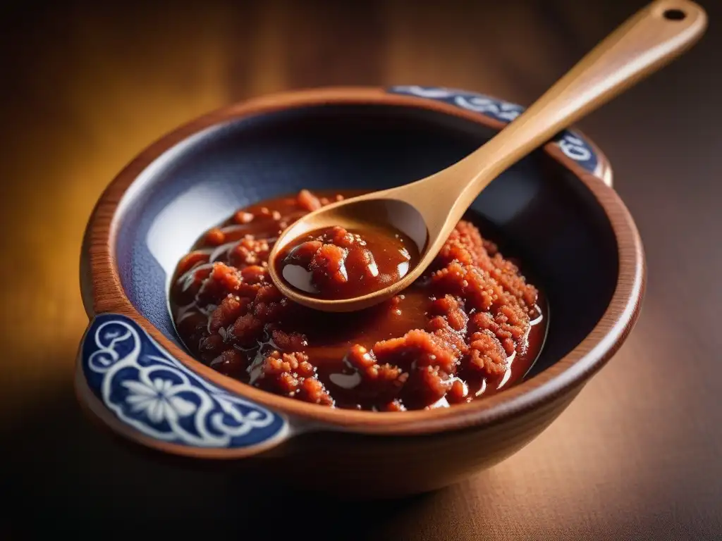 Detalle de una cuchara de madera sacando miso pasta fermentación japonesa de un tarro de cerámica tradicional