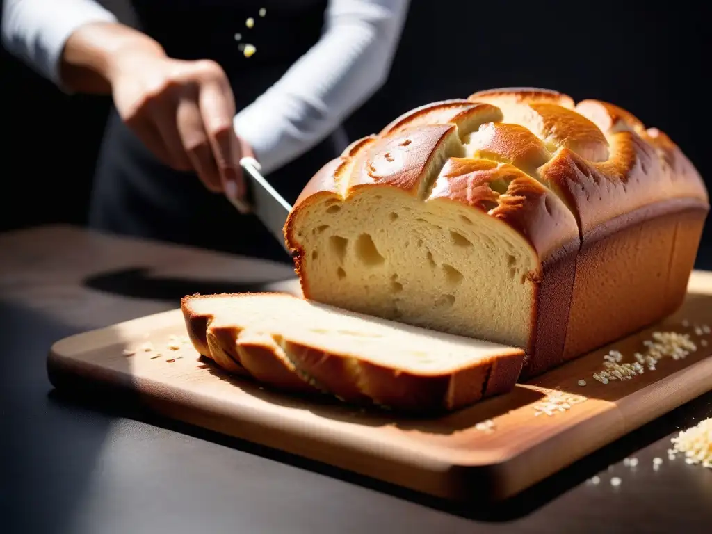 Detalle de un exquisito pan dulce vegano recién horneado, mostrando la textura esponjosa y los patrones de aire creados por la fermentación