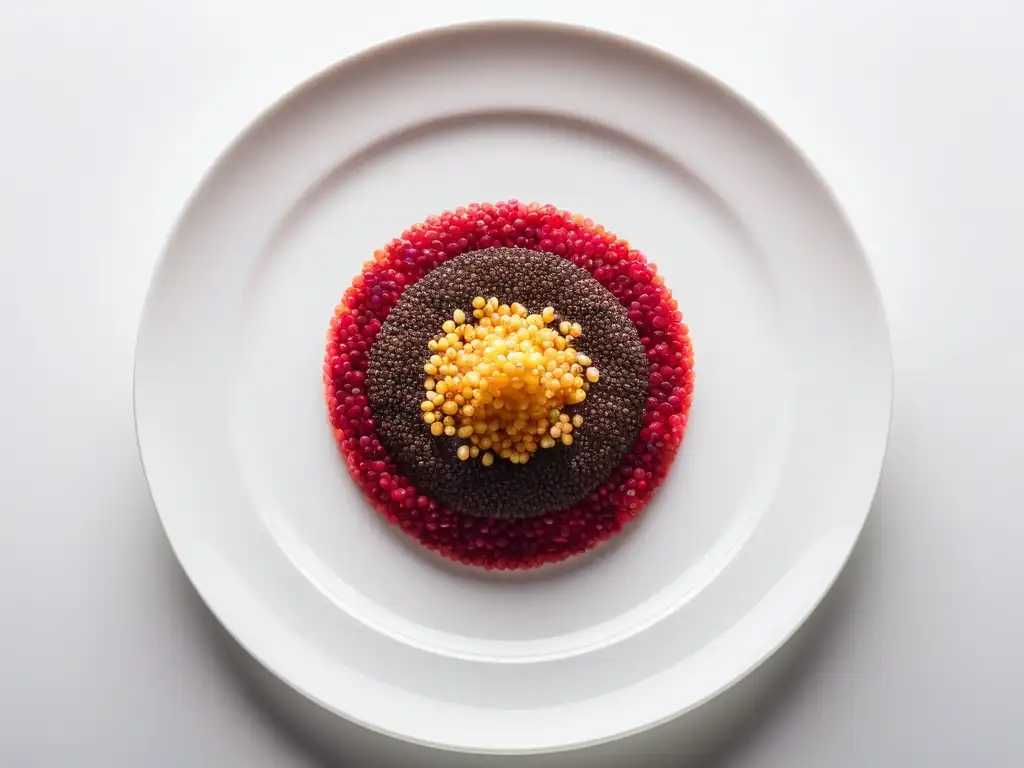 Detalle de granos de quinoa en un plato blanco, resaltando sus colores vibrantes y texturas