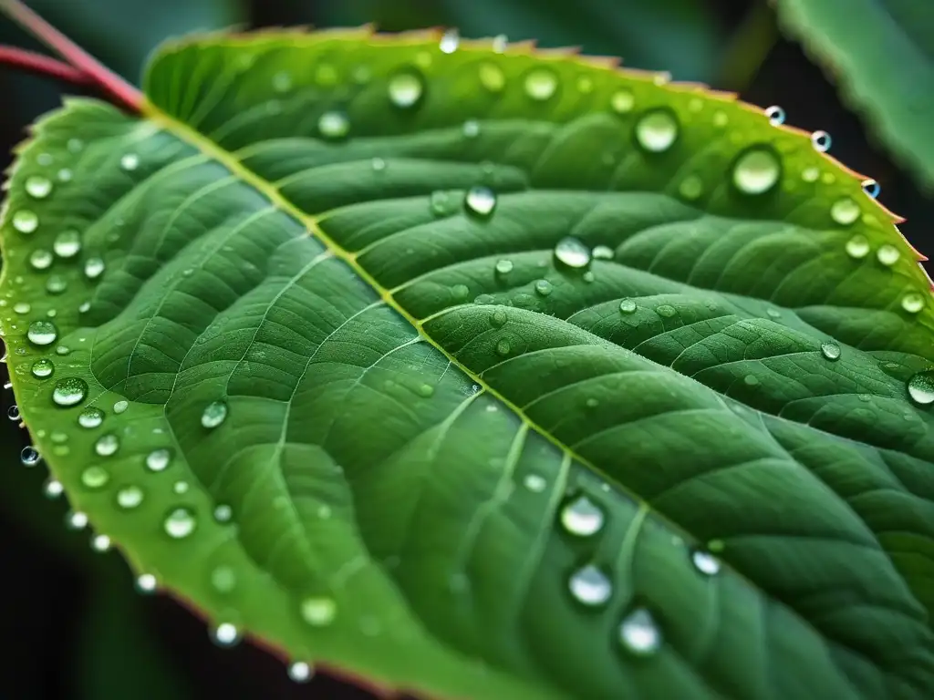 Detalle de hoja verde con gotas de rocío, mostrando patrones naturales