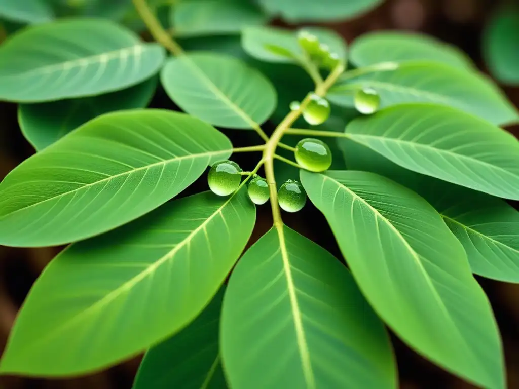 Detalle de hojas verdes de moringa en espiral, resaltando su frescura