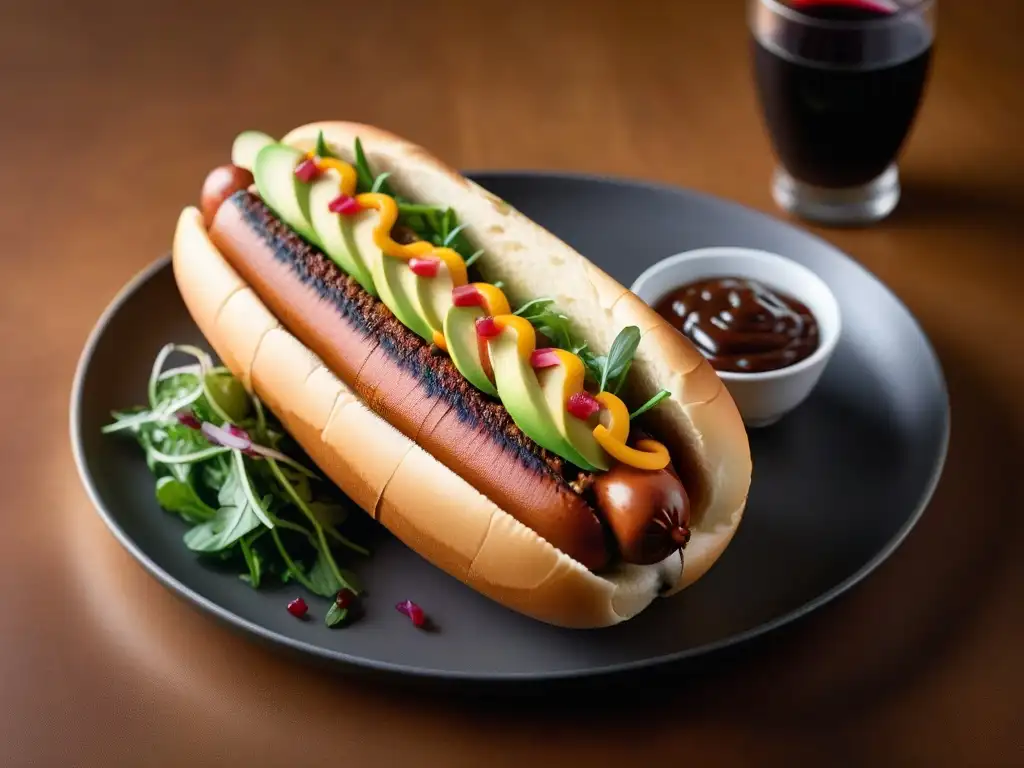 Detalle de hot dog vegano gourmet con ingredientes coloridos en restaurante elegante