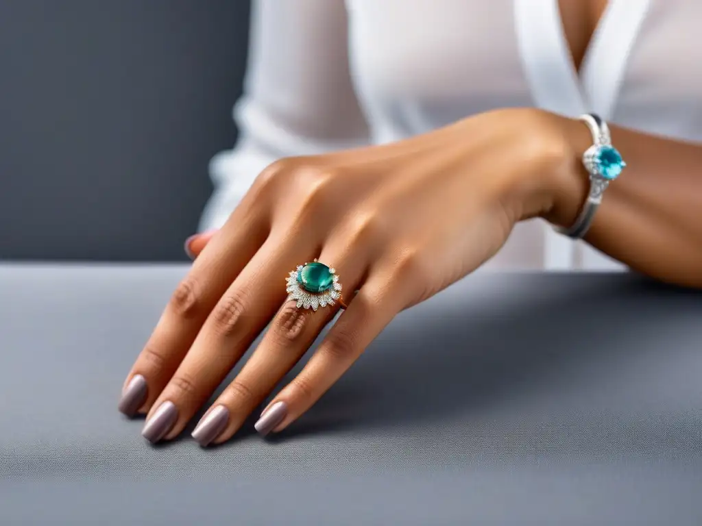 Detalle impresionante de un anillo vegano ético sostenible con gemas y diseño intrincado, para amantes de joyas veganas éticas sostenibles