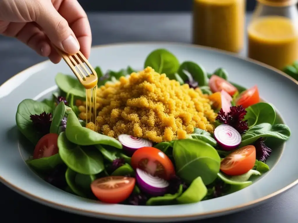 Detalle de levadura nutricional vegana realzando la frescura de una ensalada verde